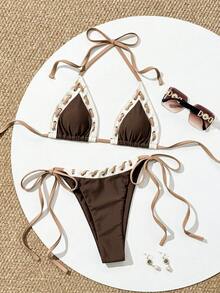 Swim Vcay Bộ bikini 2 mảnh dây buộc cổ điển màu tương phản, đồ bơi dây thừng thủ công cho nữ, đồ bơi cho kỳ nghỉ bãi biển ngọt ngào - Nhiều màu - Xem 4