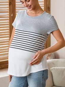 SHEIN 孕妇圆领条纹拼接哺乳功能休闲舒适短袖上衣 - 彩色 - 查看 7
