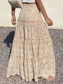 Livesso 蕾丝拼接荷叶边下摆休闲女裙 - 杏色 - 查看 2