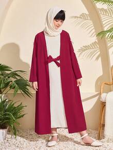 节日传统阿拉伯服饰，少女开襟羊毛衫连衣裙配头巾两件套，蝴蝶结装饰 - 彩色 - 查看 3