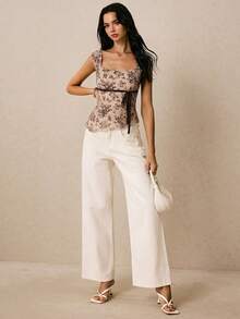Women's Asymmetrical Hem Printed T-Shirt, Casual Summer Vacation - Khaki - View 5