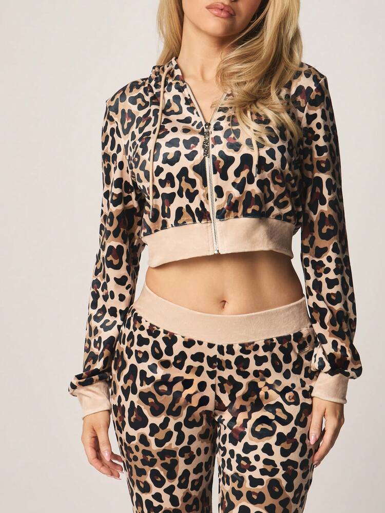 Missguided x Playboy Leopard Print Cropped Hoodie And Wide Leg Flare Pants Two Piece Co Ord Set With Drawstring