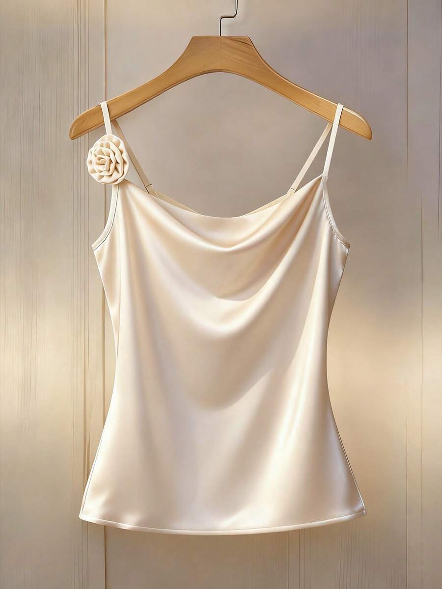 Franclia Women's Fashion 3D Floral Satin Camisole, Summer - Apricot - View 1