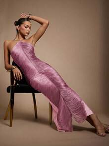 Hauture 女士流苏吊坠性感派对连衣裙，饰有金色金属装饰 - 粉色 - 查看 1