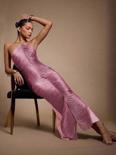 Hauture Sexig klänning med hängande tofsar och fransar för kvinnor för fest med guldfärgad metalldekor