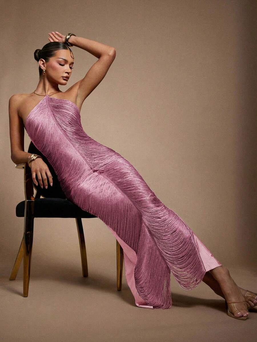 Hauture 女士流苏吊坠性感派对连衣裙，饰有金色金属装饰 - 粉色 - 查看 1