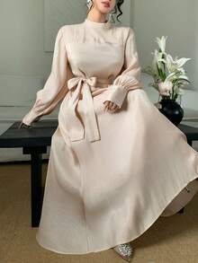 DAZY 女士优雅纯色立领系带袖腰带中长连衣裙，春夏吊带裙 - 杏色 - 查看 6