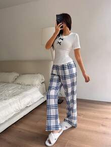 Dream Adore 女士泡泡纹理格纹印花睡衣套装 - 罗纹上衣和裤子 - 白色 - 查看 4