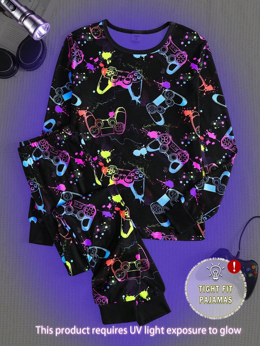 2 Piece Sets Snug Fit Night Wear Kids Teen Boys Tight Fit Pajama Set, Long Sleeve Top And Pants, Colorful Glow-In-The-Dark Video Game Controller Print, Fashion , Suitable For Teen Boys Loungewear .This Product Requires UV Light Exposure To Glow. - Black - View 1