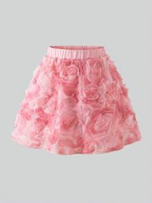 SHEIN Young Girls Sweet Elegant Apricot 3D Rose Textured Mesh A-Line Princess Mini Skirt - Pink - View 2