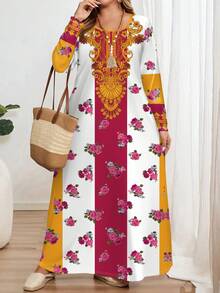 EMERY ROSE Floral Print Plus Size Long Sleeve Round Neck Dress, Suitable For Parties Carnival,Flower/Summer/Spring/Vacation - Multicolor - View 5