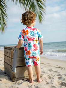 SHEIN بدلة سباحة قصيرة الأكمام للأطفال الصغار بطبعة سلحفاة بحرية كرتونية، مناسبة للشاطئ والمسبح في فصل الصيف - متعدد الألوان - مشاهدة 8