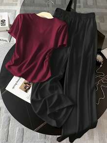 Resyla 女士字母印花褶皱圆领短袖T恤和阔腿裤休闲两件套 - 彩色 - 查看 2