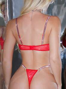 两件套亮红色网纱内衣，饰有心形水钻纽扣，适合作为节日礼物 - 紅色 - 查看 2