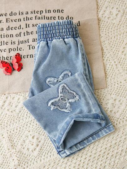 SHEIN Vintaside Kids 女婴直筒牛仔裤，浅蓝色水洗，可爱破洞裤脚，蝴蝶结装饰，刺绣，休闲宽松版型，松紧腰带，适合日常、派对、度假、上学、通勤、居家穿着，秋季新品