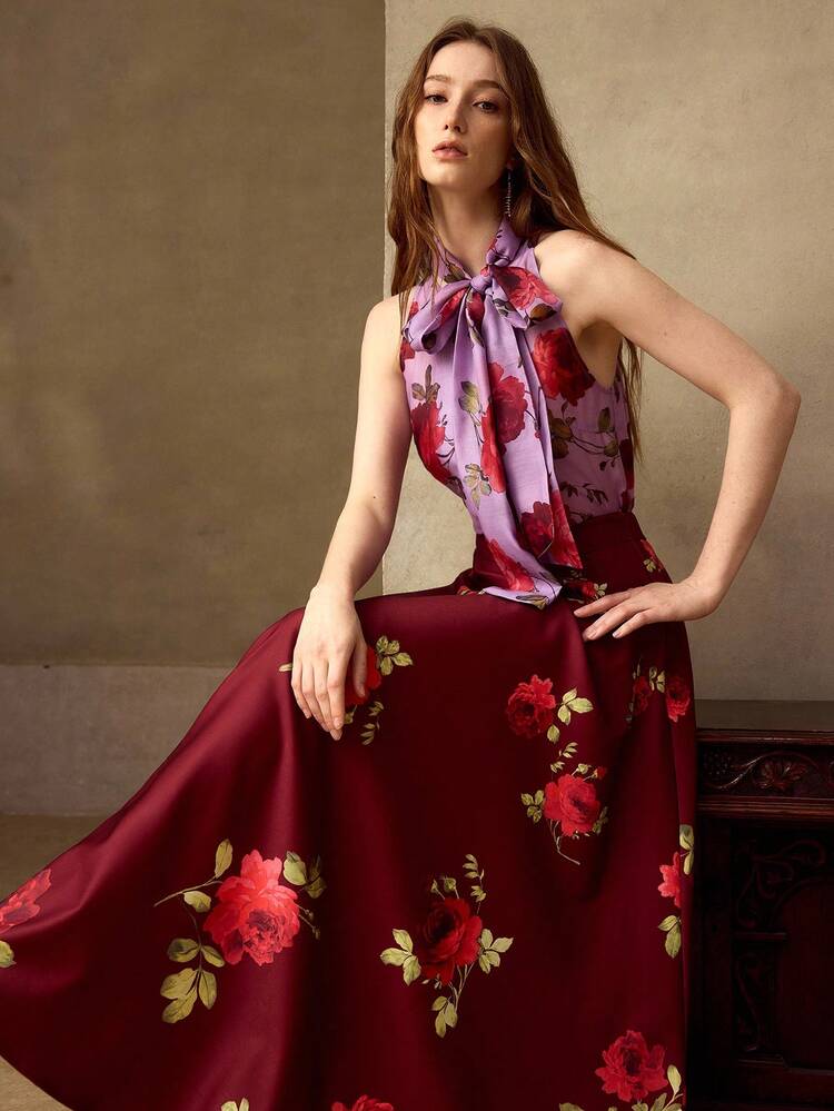 WOMEN'S ROMANTIC ROSE PRINT SLEEVELESS BLOUSE, SPRING/SUMMER