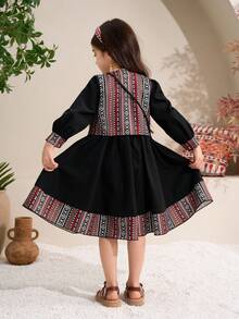 Young Girl Geometric Print Round Neck Long Sleeve Tassel Decor Casual Dress - Black - View 2