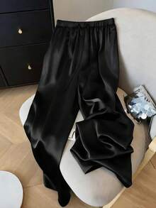 SHEIN PETITE CURVE 大码女式亮面休闲直筒裤，简约风格，适合通勤和日常穿着 - 黑色 - 查看 3