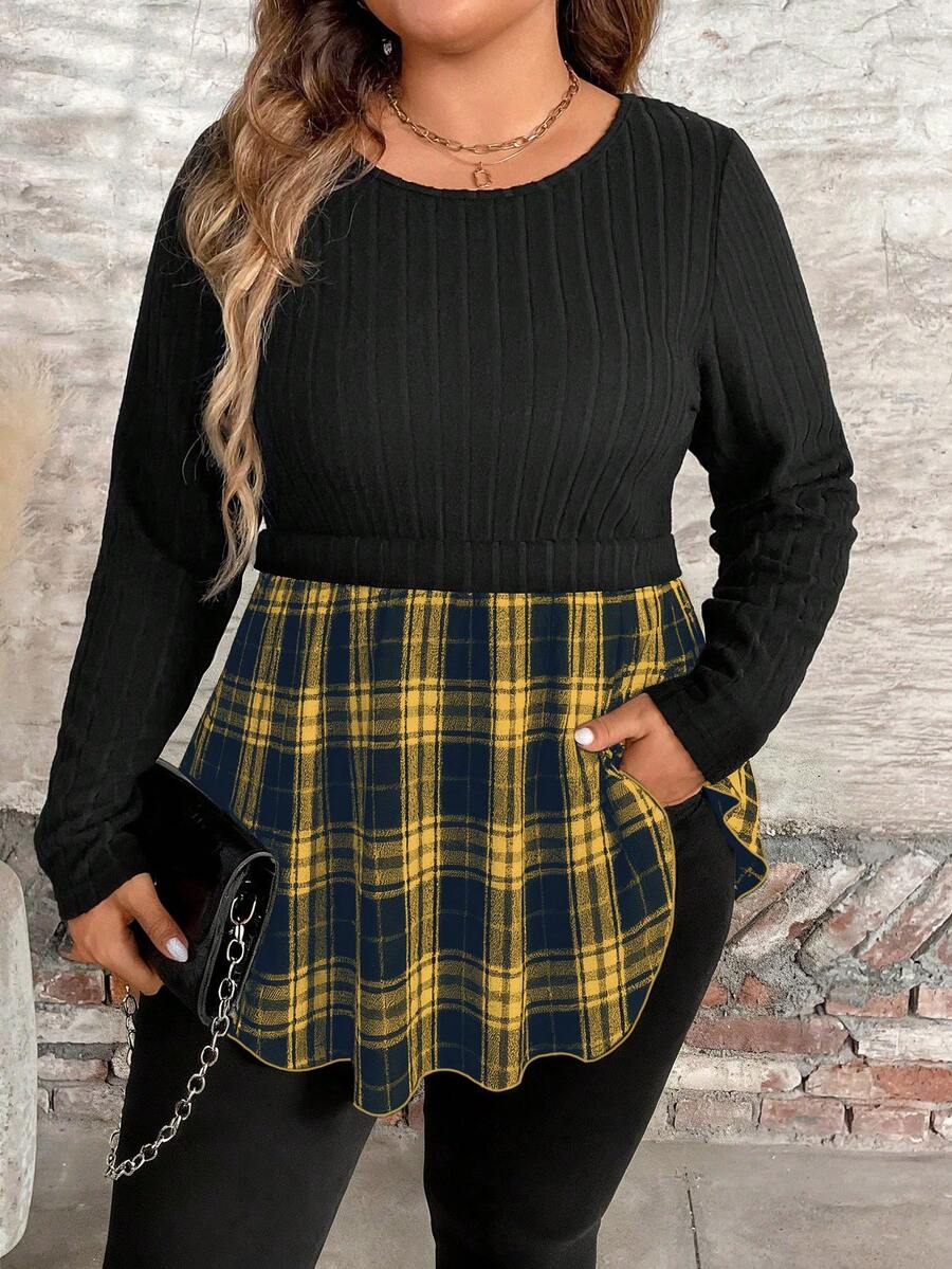 SHEIN LUNE Áo thun dài tay cổ tròn phối họa tiết kẻ caro cỡ lớn - Màu vàng - Xem 1