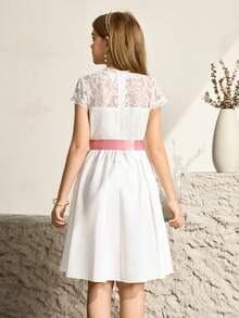Vestido de Manga Curta com Gola Redonda, Renda Tule e Recortes Florais para Meninas Pré-Adolescentes, Elegante e Ideal para Festa e Celebração - Branco - Visão 3