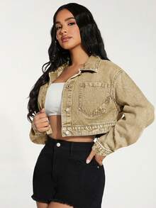 SHEIN PETITE Casual Vintage Washed Cropped Denim Jacket - Camel - View 4