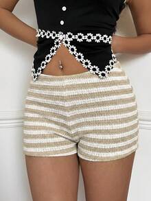 Siren Gaze 女士夏季休闲条纹短裤套装 女士两件套短裤 女士两件套服装 女士短裤 夏季女装 夏季服装 女士休闲短裤 - 卡其色 - 查看 3
