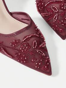 CUCCOO HITCHD 女士新款刺绣蕾丝尖头香槟色网面高跟鞋，优雅迷人，适合浪漫约会、婚礼、宴会等场合的新娘鞋。 - 酒紅色 - 查看 11