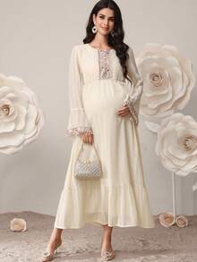 SHEIN Đầm xòe tay bồng thanh lịch dành cho bà bầu, điểm nhấn là dải ruy băng và cổ tròn. - Màu Khaki - Xem 6