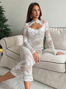 Aloruh Vestido largo de manga larga, negro, de encaje, sexy, elegante, vintage y romántico, vestido de fiesta, vestido de cita, vestido extra largo - Blanco - Ver 1