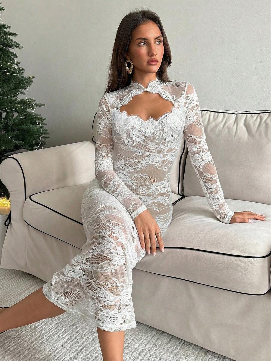 Aloruh Vestido largo de manga larga, negro, de encaje, sexy, elegante, vintage y romántico, vestido de fiesta, vestido de cita, vestido extra largo - Blanco - Ver 1