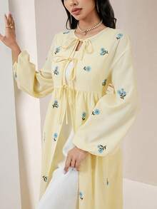 Veilorie 女士优雅碎花刺绣长袍 - 黃色 - 查看 3