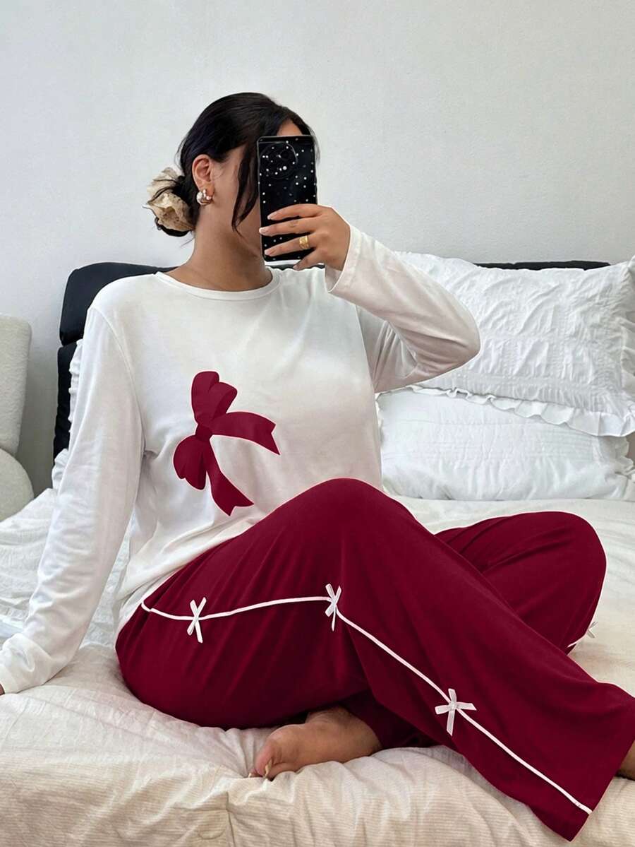Plus Size Women Contrast Color Bow Sleepwear Set - Red - View 1