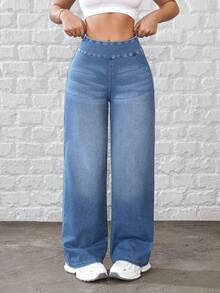 Flexra Women's Casual Washed High Waist Straight Leg Jeans - Medium Wash - View 4