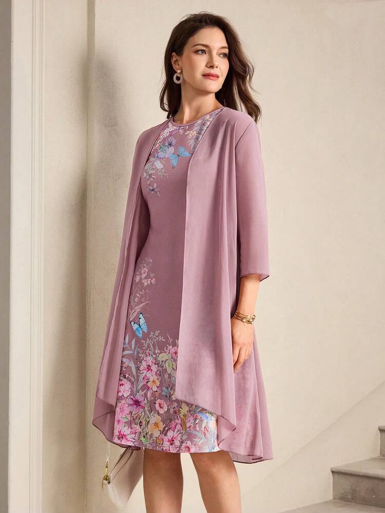 Women's Elegant Printed Sleeveless Dress & Jacket 2 Pieces Set,Summer Outfits Vacation Outfit For Women Spring Sunmmer