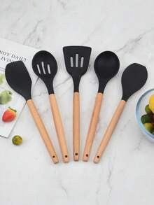 12Pcs/Set Wood Handle Non-Stick Silicone Kitchen Cooking Utensil Set, Heat Resistant Silicone Cookware With Storage Bucket - Multicolor - View 6