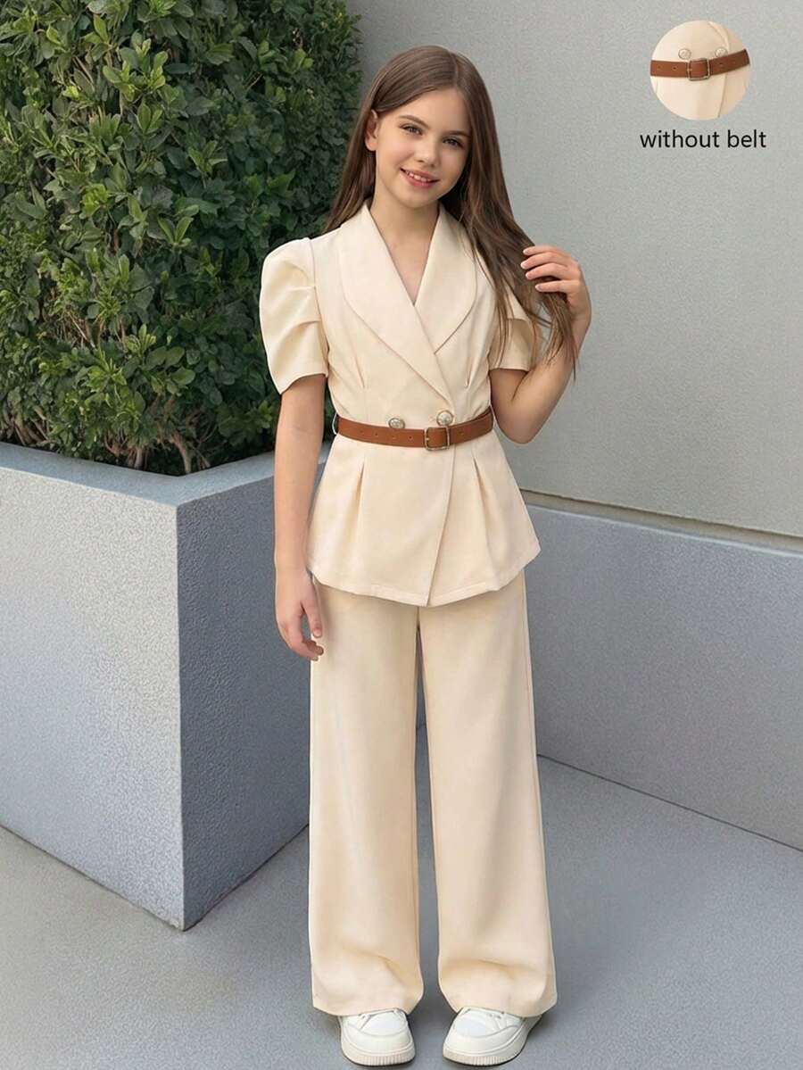 SHEIN Nova Glow 青少年女孩 2 件套復古袖修身西裝外套與直筒長褲 - 米色 - 查看 1