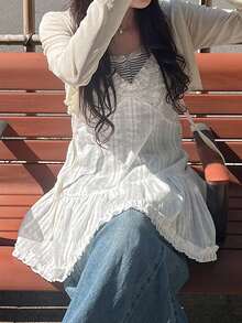 FRIFUL Women's White Spaghetti Strap Ruffle Hem Camisole, Sweet Style, Spring/Summer - White - View 6