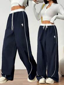 Teen GirlCasual Color Block Waistband, Contrast Trim Decor, Relaxed Fit Wide Leg Woven Pants, Fashionable Loose Casual Trousers, Valentine's Day