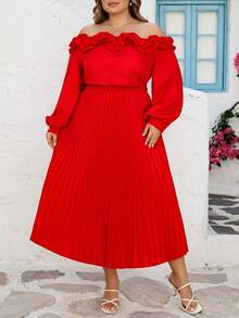 SHEIN CURVE+ 曲线尺码 US22 音乐节、海滨度假、波西米亚风 CURVE PLUS / 优雅性感纯色露肩荷叶边连衣裙，适合约会、派对、婚礼 - 紅色 - 查看 5