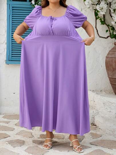 SHEIN CURVE+ Vestido casual de manga corta con cordón en la cintura, elegante, para mujeres de talla grande/Día de San Valentín, color lila púrpura. Este vestido púrpura es elegante y encantador, adecuado para uso diario, salidas, citas, té de la tarde, vacaciones y otras ocasiones. Vestido dulce y romántico para el Día de San Valentín