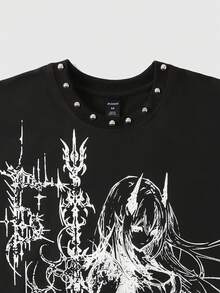 ROMWE MEN Anime Men's Round Neck Sleeveless Casual Summer Printed Rivet Loose Tank Top - Black - View 3