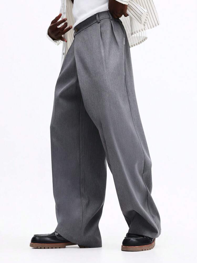 SUMWON Calça Social Premium de Corte Relaxado para Trabalho de Escritório, Ocasiões Formais de Negócios, Calça Social de Perna Larga com Detalhe de Pregas na Frente - Cinza - Visão 3