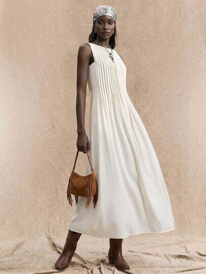 Ontre 2025年新款优雅都市风格白色条纹喇叭裙配黑色编织肩带，夏季服装