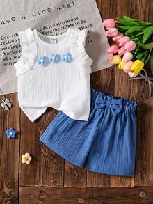SHEIN Elladie kids مجموعة ملابس علوية كامي بطبعة جاكارد أيفوري مع تريم كشكش وشورت كشكش وردي، طقم صيفي جميل وجذاب للطفلة الصغيرة، تنورة زرقاء فاتحة، طقم ملابس أزرق وأبيض 2 قطعة، ملابس صيفية بطراز كلاسيكي للفتاة الصغيرة، طقم صيفي من قطعتين للأطفال، طقم ملابس أطفال من قطعتين، طقم شورت بطراز كلاسيكي جميل للأطفال - الأزرق - مشاهدة 8