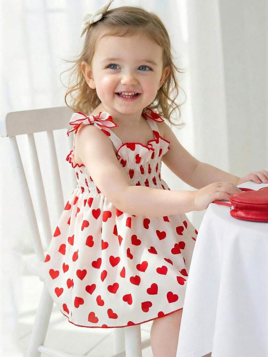 SHEIN Elladie kids 女童无袖褶皱彩色连衣裙,个性化公主甜美中长款,适合度假和派对,夏季 - 紅白色 - 查看 1