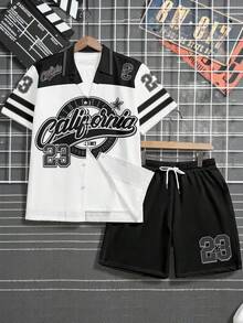 Manfinity Campus Court 23 Koszulka z nadrukiem w paski i ukośnymi kieszeniami, czarne spodenki, sportowy garnitur