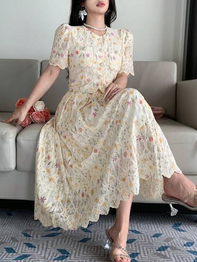 DAZY فستان ماكسي أنيق للنساء بخصر مشدود بتطريز زهري من الدانتيل، مجموعة من قطعتين