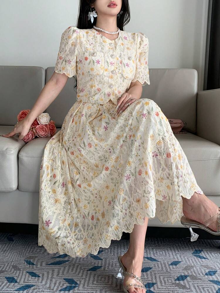 2pcs/Set Women's Elegant Floral Lace Trim Waist Cinched Maxi Dress