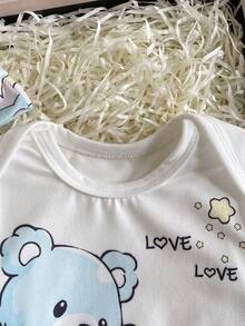 3pcs/Set Newborn Baby Cute Cartoon Bear, Star, Moon, Cloud Print Long Sleeve Romper, Bib, Hat, Infant Jumpsuit Outfit - White - View 7