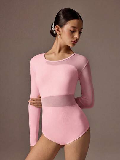 SHEIN Teen Girls Activewear Leotard, Suitable For Ballet, Back To School, Workout, Training, Casual Wear. Long Sleeve, Fashionable Mesh, High Stretch & Comfort Dance Activewear
